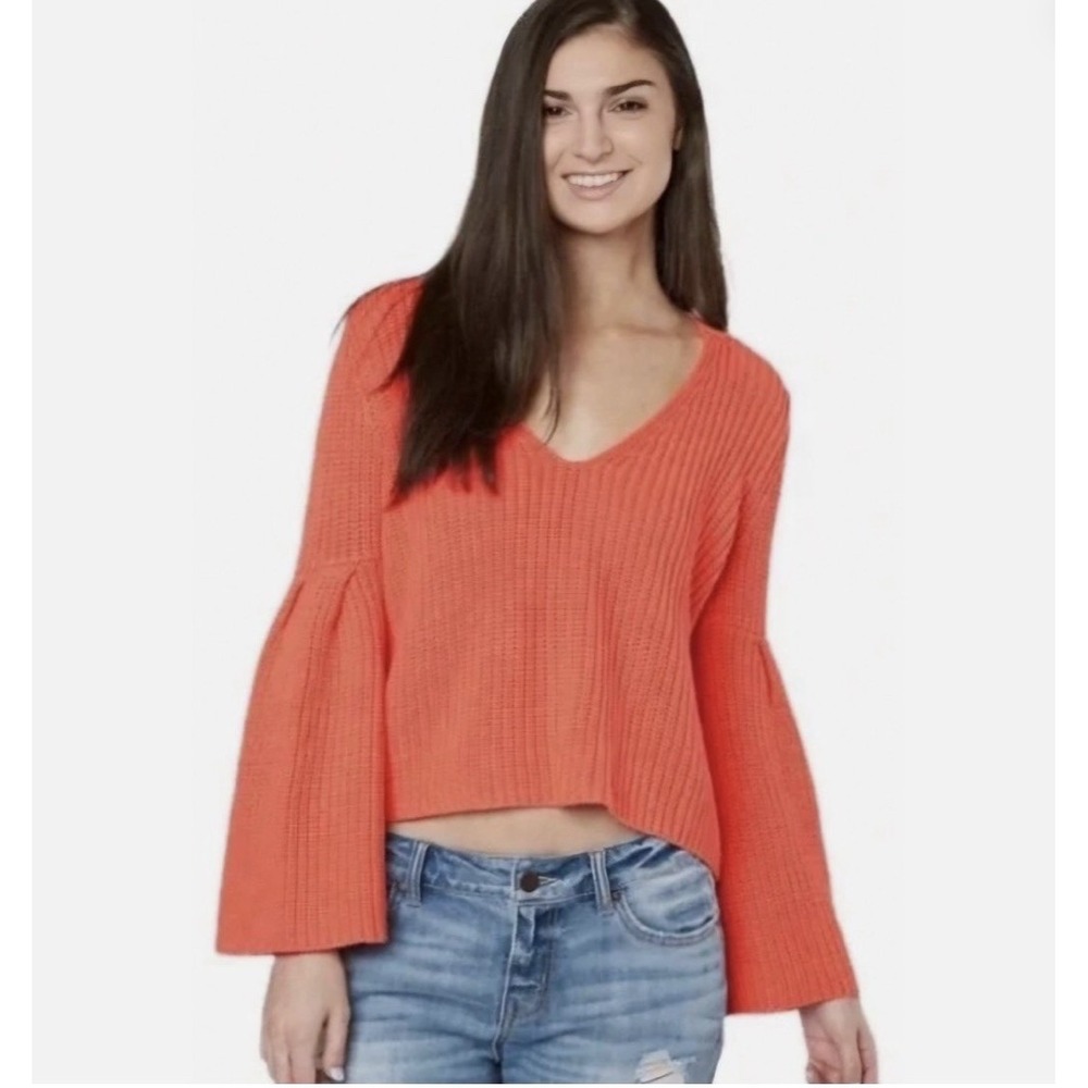 Free People Damsel Bell Sleeve Crop Sweater Coral Cotton Knit Women's XS Boho
